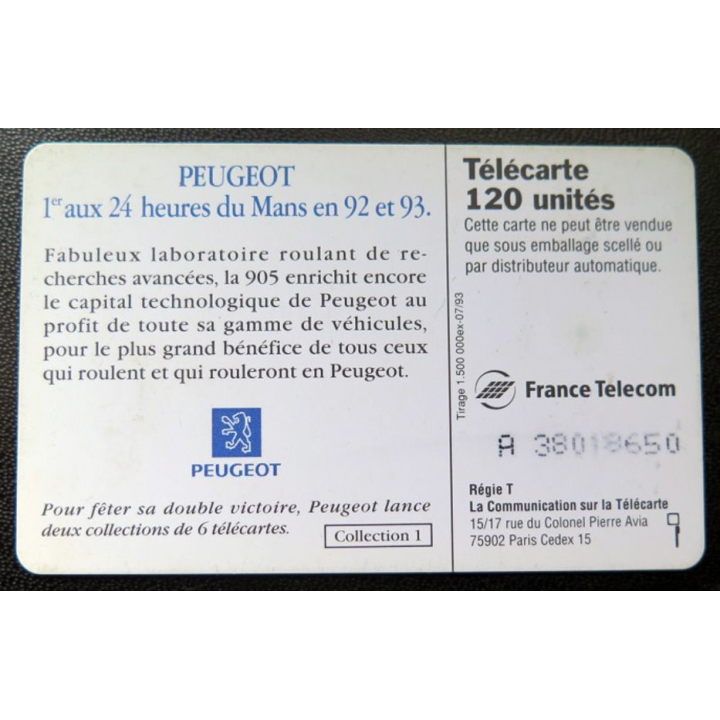 télécarte 120 unités France télécom Peugeot 1° aux 24 heures du Mans en 92 et 93