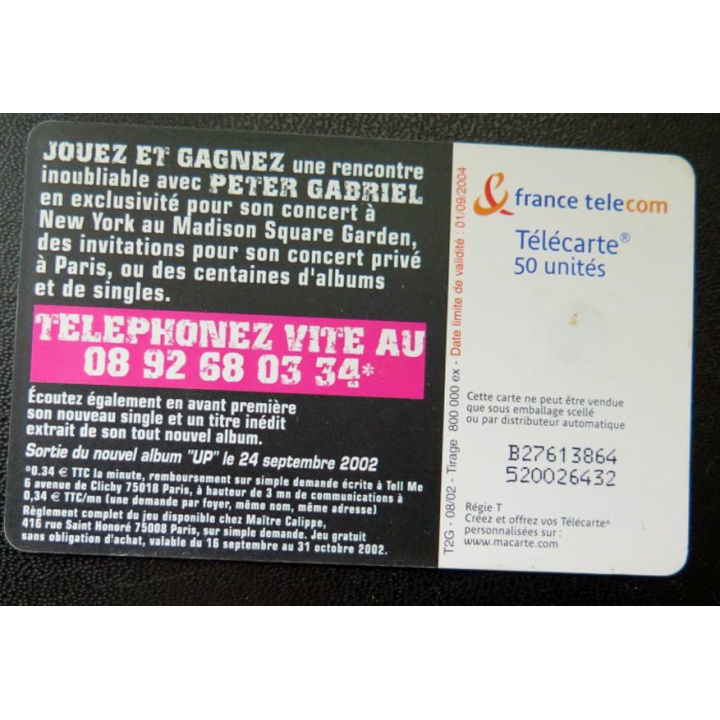 télécarte 50 unités France télécom Peter Gabriel