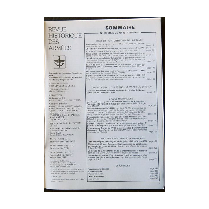 Revue historique des armées N° 3  1984  (N°156 Octobre 1984)