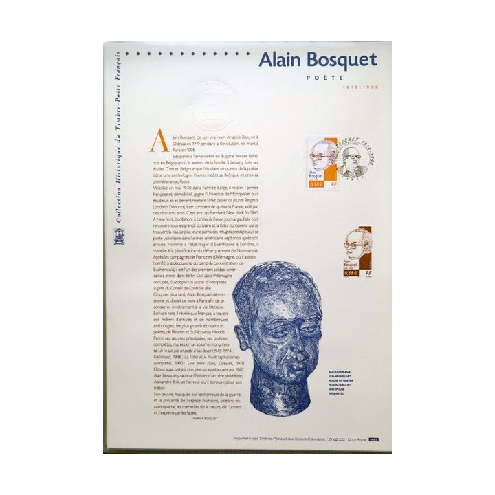 Document philatéliques officiels la poste Alain Bosquet Poète 1919 1998