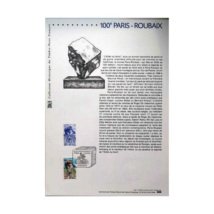 Document philatéliques officiels la poste 100° Paris Roubaix
