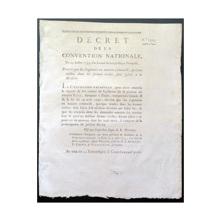Décret de la Convention nationale n° 1325 du 29 Juillet 1793 