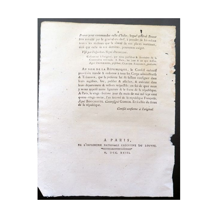 Décret Convention nationale N° 911 26 mai 1793 Généraux kellermann Brunet