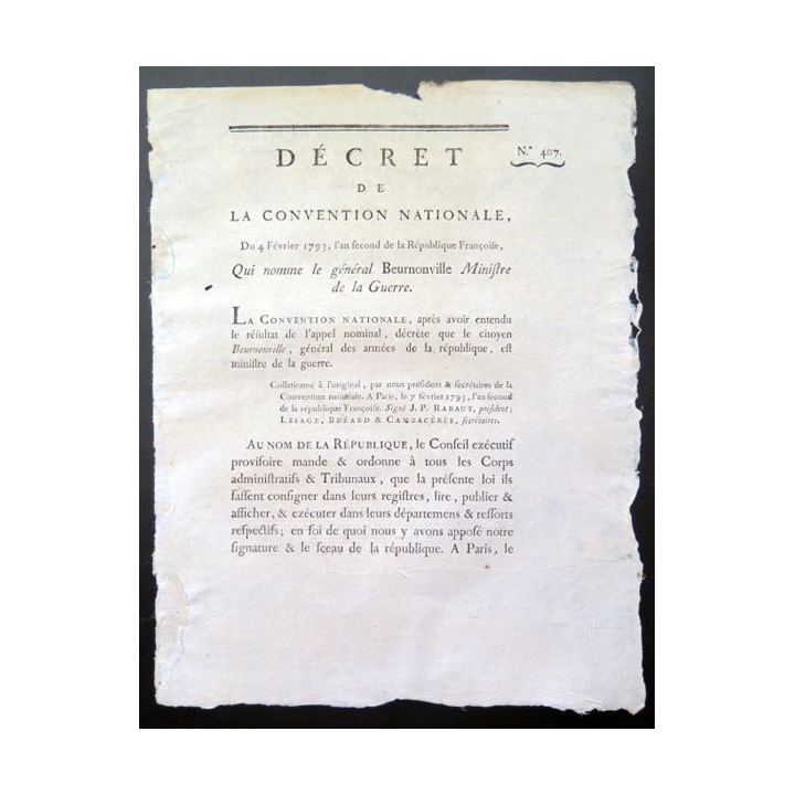 Décret Convention nationale N° 407 4 février 1793 Général Beurnonville