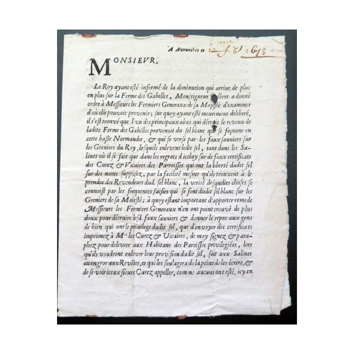 Arrêt du 13/08/1672 relatif à la diminution sur la Ferme des Gabelles