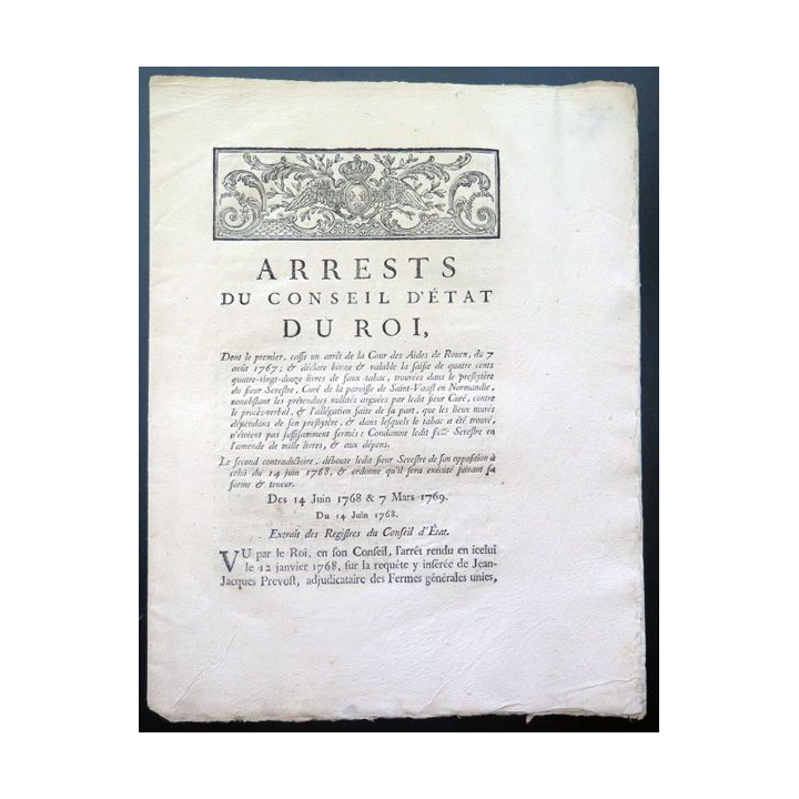 Arrests du conseil d'Etat du Roi relatif à la saisie de faux tabac ... 1768 1769