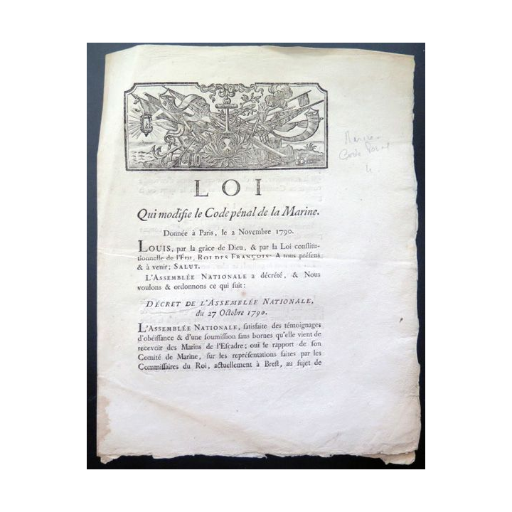 Loi qui modifie le Code Pénal de la Marine 2/11/1790