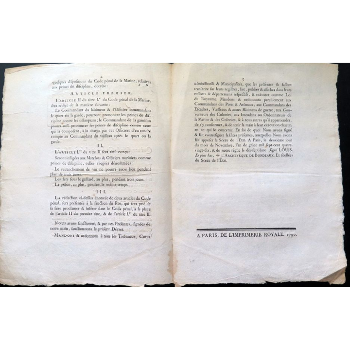 Loi qui modifie le Code Pénal de la Marine 2/11/1790