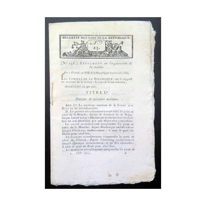 Bulletin des Lois de la république n° 23 Règlement sur l'organisation de la marine An VIII