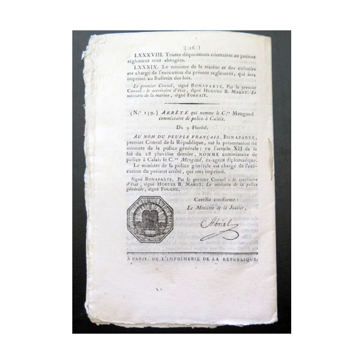 Bulletin des Lois de la république n° 23 Règlement sur l'organisation de la marine An VIII
