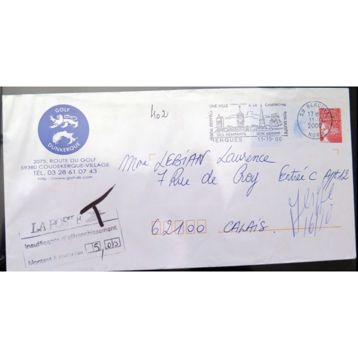 Enveloppe à entête le Golf de Dunkerque avec cachet Bergues