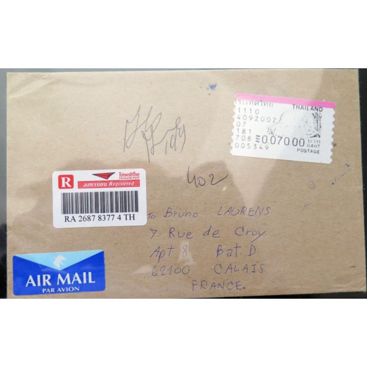 Enveloppe air mail avec vignette recommandée Thaïlande