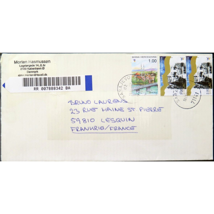 Enveloppe recommandée avec 3 timbres Bosnie Herzégovine