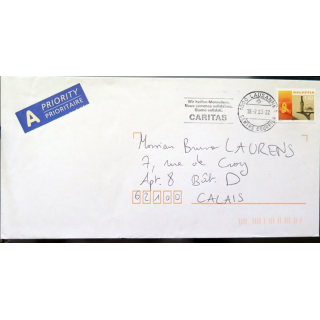 Enveloppe prioritaire avec 1 timbre Suisse et cachet Caritas