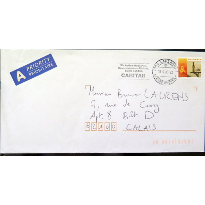 Enveloppe prioritaire avec 1 timbre Suisse et cachet Caritas