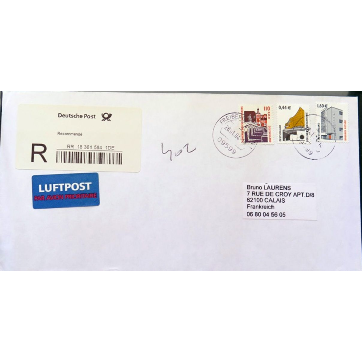 Enveloppe Luftpost par avion avec 3 timbres Allemagne
