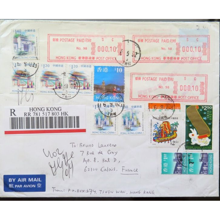Enveloppe recommandée prioritaire avec 11 timbres Hong Kong