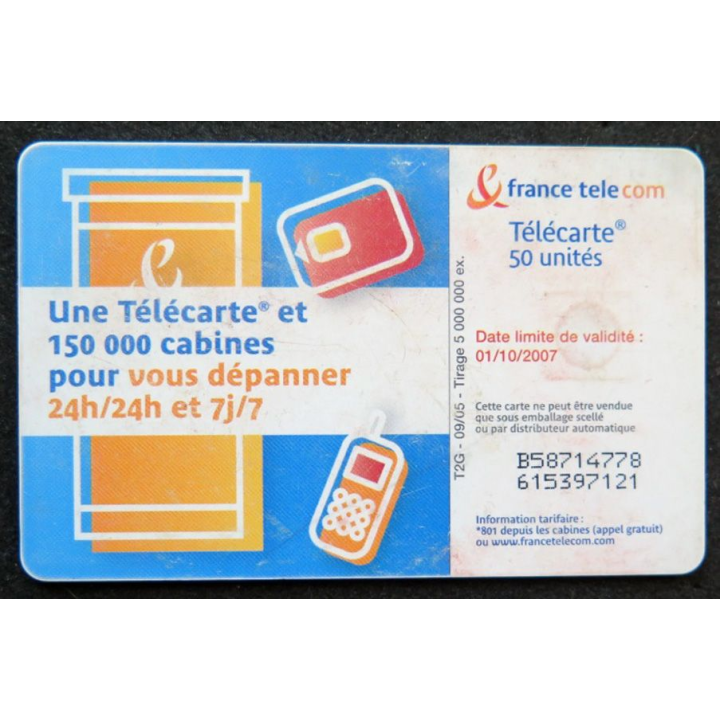 télécarte 50 unités France télécom 150 000 cabines 24h/24h et 7j/7j 