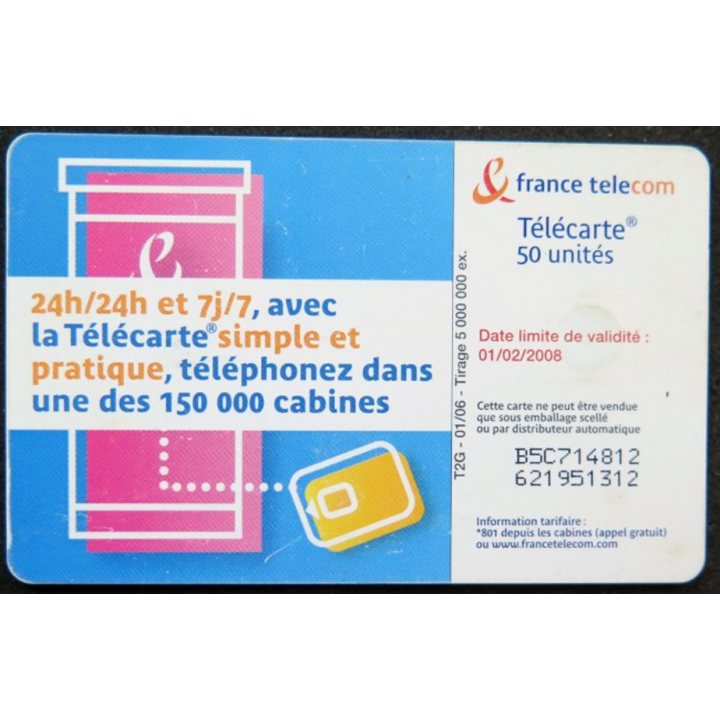 télécarte 50 unités France télécom 150 000 cabines 24h/24h et 7j/7j 