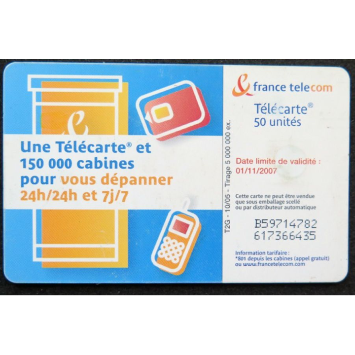 télécarte 50 unités France télécom 150 000 cabines 24h/24h et 7j/7j 