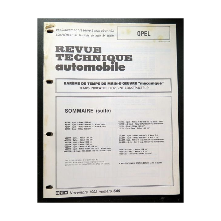 Revue technique automobile Opel barême de temps de main d'oeuvre