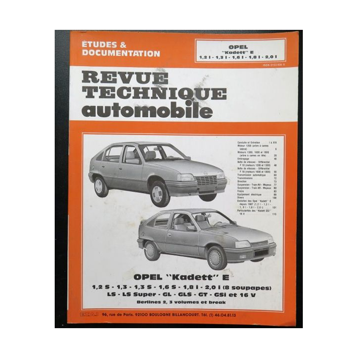 Revue technique automobile Opel "Kadett" E 1,2 S, 1,3, 1,6 S, 1,8 I, 2,0 I