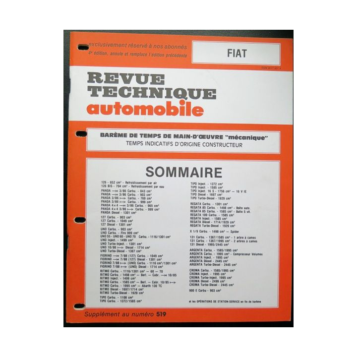 Revue technique automobile FIAT barême de temps de main d'oeuvre