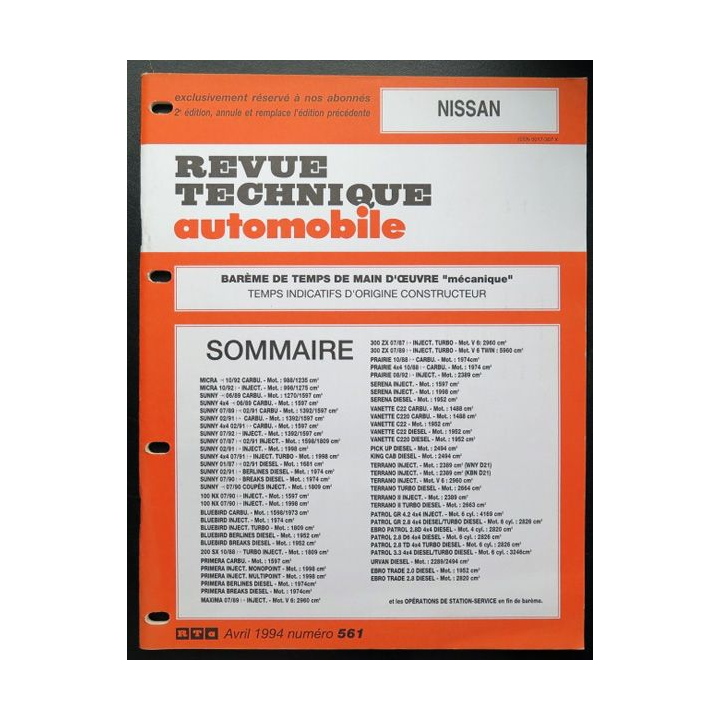 Revue technique automobile NISSAN barême de temps de main d'oeuvre