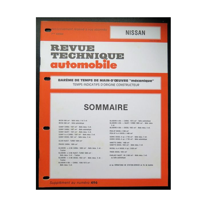 Revue technique automobile NISSAN barême de temps de main d'oeuvre