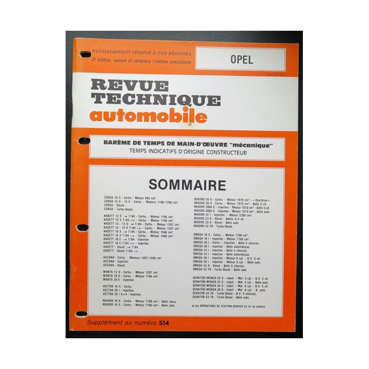 Revue technique automobile OPEL barême de temps de main d'oeuvre