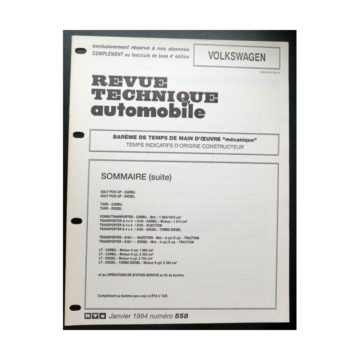 Revue technique automobile VOLKSWAGEN barême de temps de main d'oeuvre