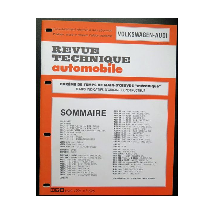 Revue technique automobile VOLKSWAGEN AUDI barême de temps de main d'oeuvre