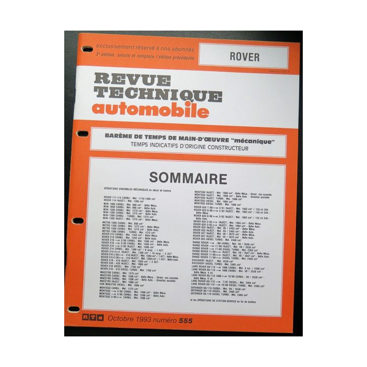 Revue technique automobile ROVER barême de temps de main d'oeuvre
