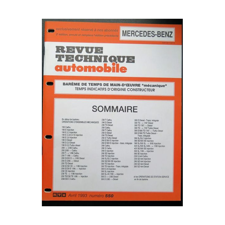 Revue technique automobile MERCERDES-BENZ barême de temps de main d'oeuvre