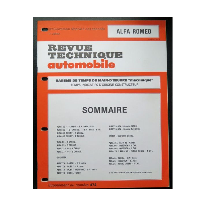 Revue technique automobile ALFA ROMEO barême de temps de main d'oeuvre