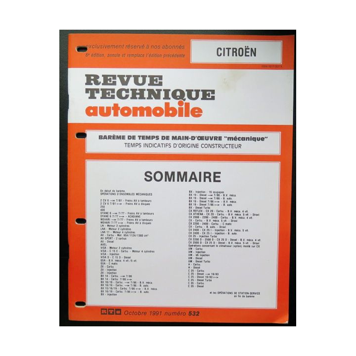 Revue technique automobile CITROËN barême de temps de main d'oeuvre