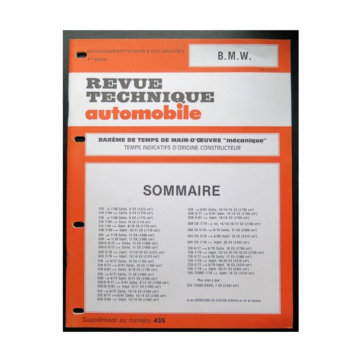 Revue technique automobile B.M.W barême de temps de main d'oeuvre
