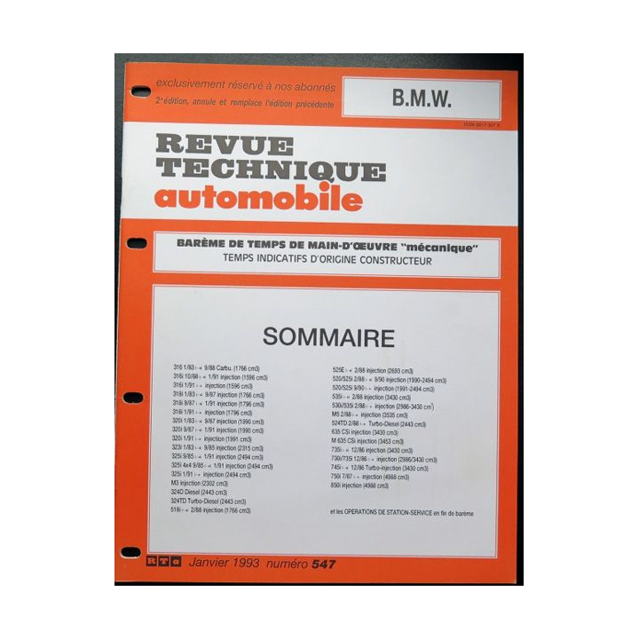 Revue technique automobile B.M.W barême de temps de main d'oeuvre