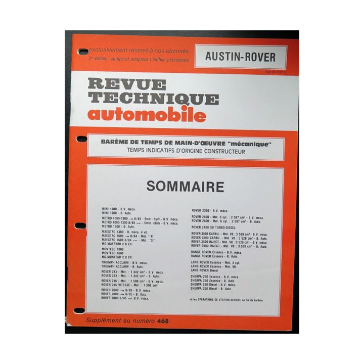 Revue technique automobile AUSTIN-ROVER barême de temps de main d'oeuvre
