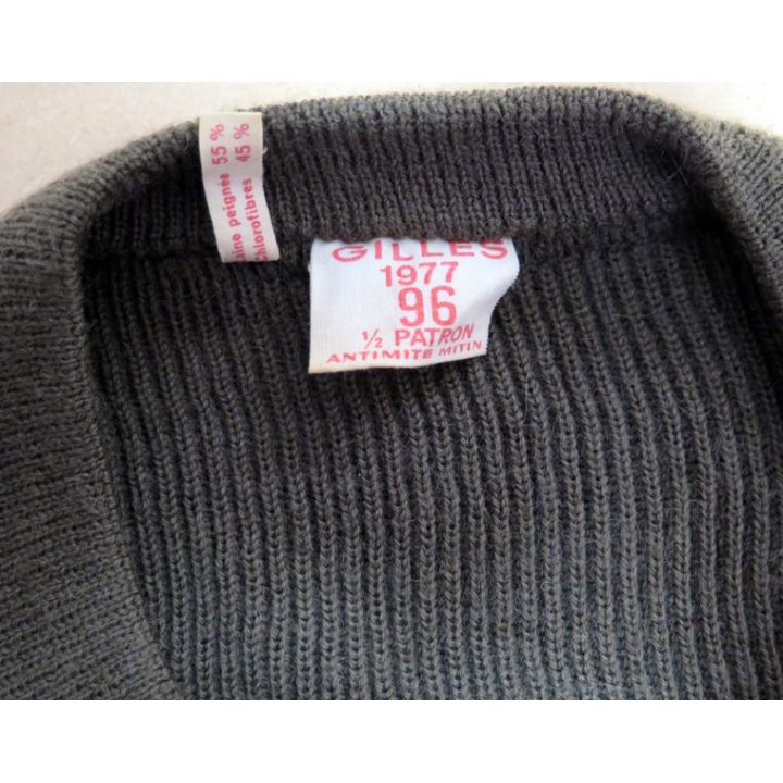 Pull vert armée année 1977 fabrication Gilles taille 96 1/2 patron