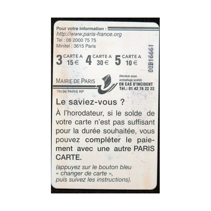 TELECARTE : télécarte 5 à 10 € de stationnement de la Mairie de Paris
