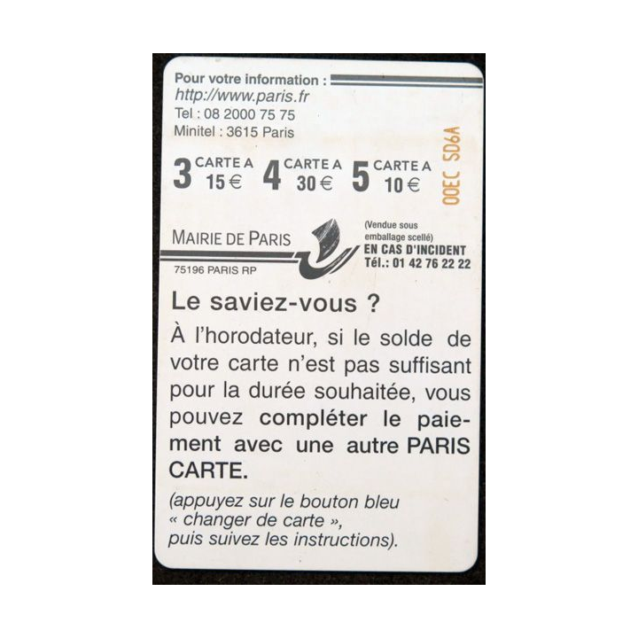 TELECARTE : télécarte 5 à 10 € de stationnement de la Mairie de Paris