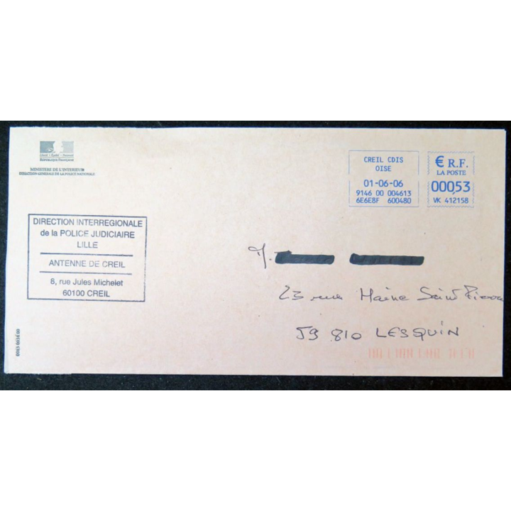 Enveloppe de la Direction Interrégionale de la Police judiciaire à Lille, antenne de Creil
