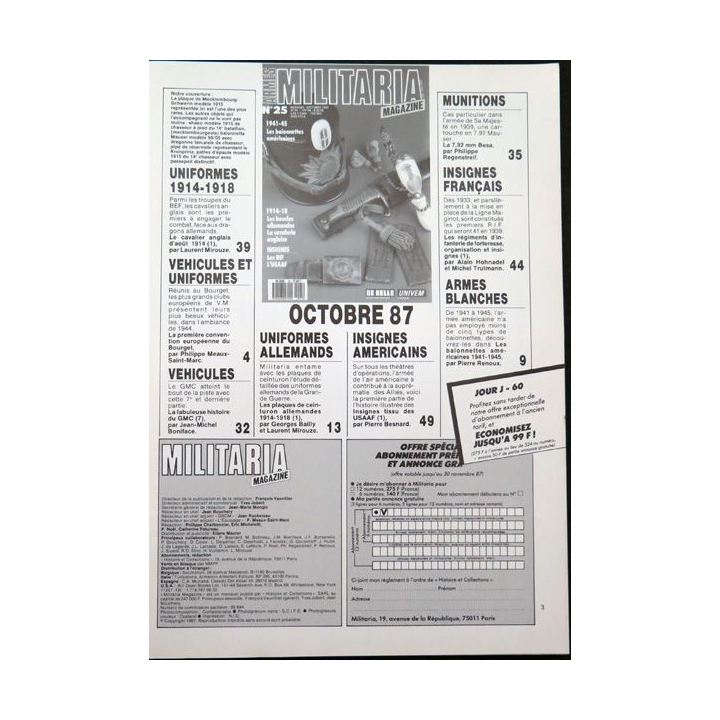 ARMES MILITARIA Magazine n° 25 de octobre 1987 sur les insignes du RIF
