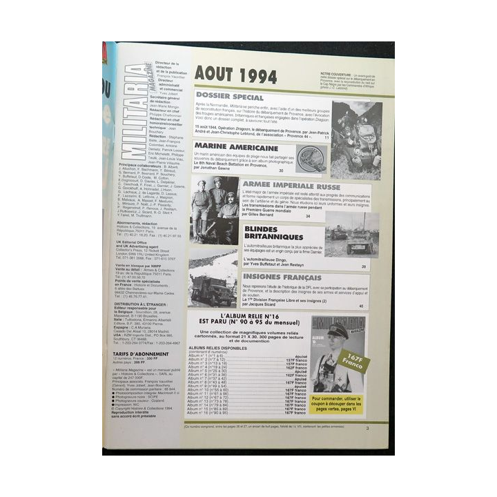 ARMES MILITARIA Magazine n° 109 de août 1994 sur les insignes 1° DFL