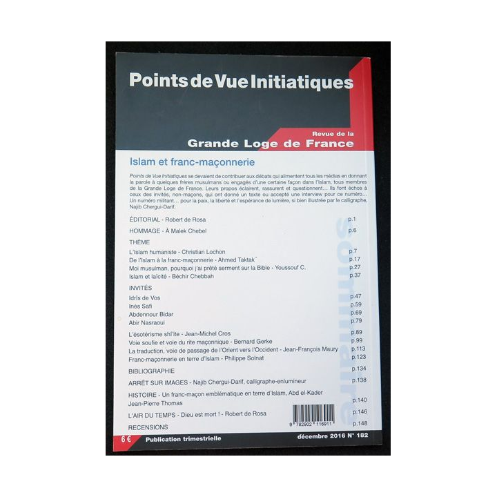 Points de vue initiatiques n°182 décembre 2016 Islam et Franc-Maçonnerie