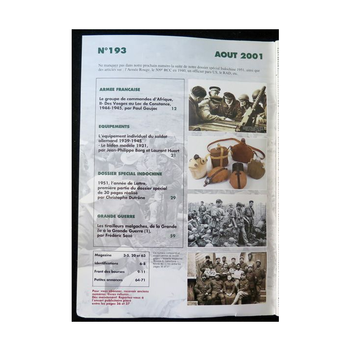 ARMES MILITARIA Magazine n° 193 de août 2001 sur l'Indochine