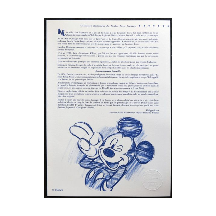 Document philatéliques officiels la Poste Fête du timbre 2004 Mickey (double page)