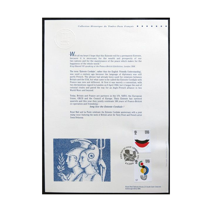 Document philatéliques officiels la Poste Entente cordiale 1904-2004 (double page)