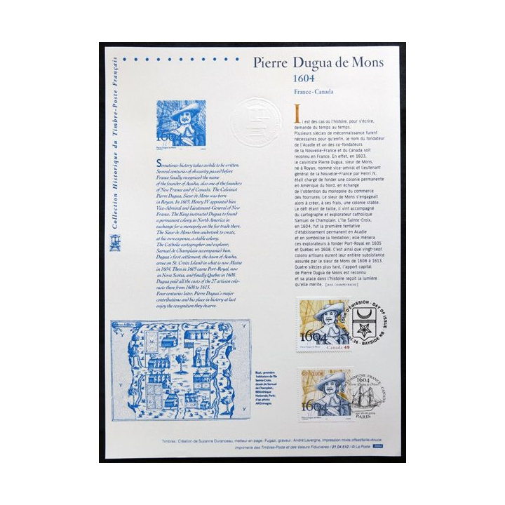 Document philatéliques officiels la Poste Pierre Dugua de Mons 1604